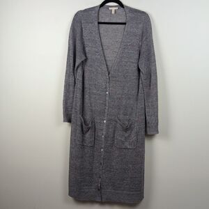 Eileen Fisher Organic Linen Gray Melange  Duster Cardigan Button Up Knit Sweater